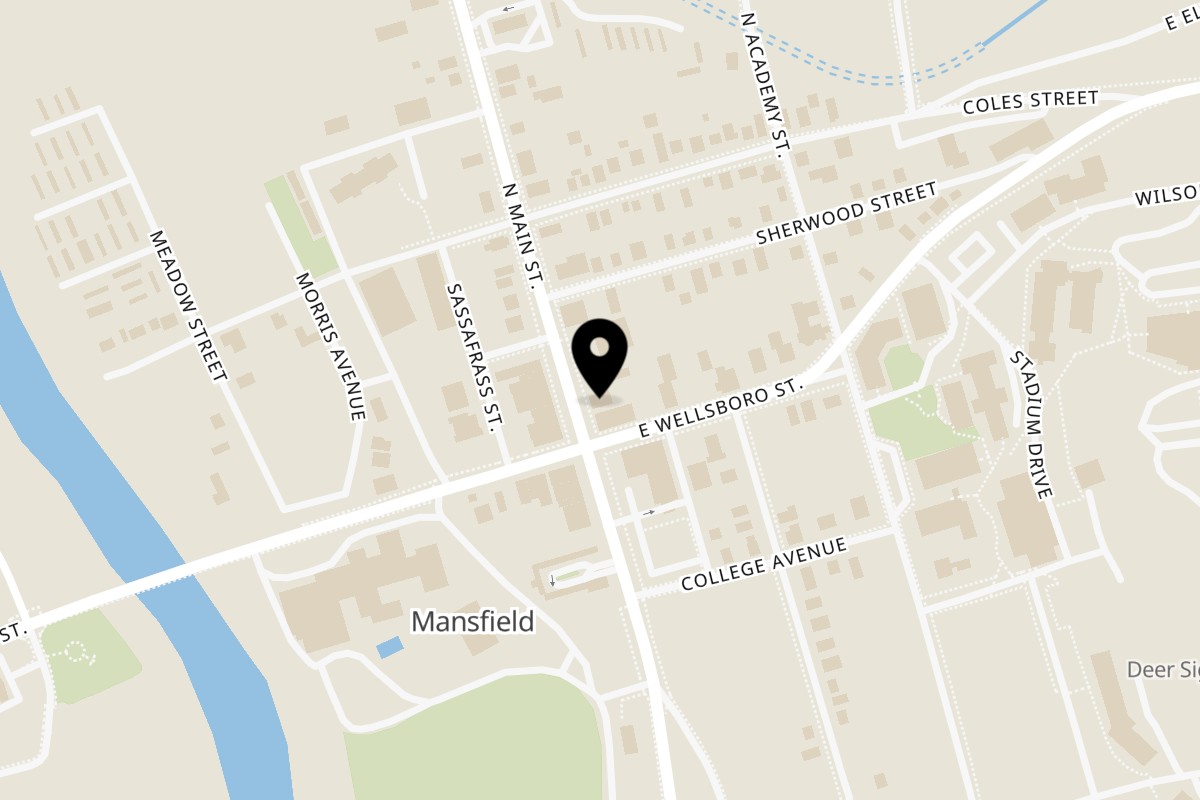 Map showing the location of Papa V's Pizzeria on 12 N Main St in Mansfield